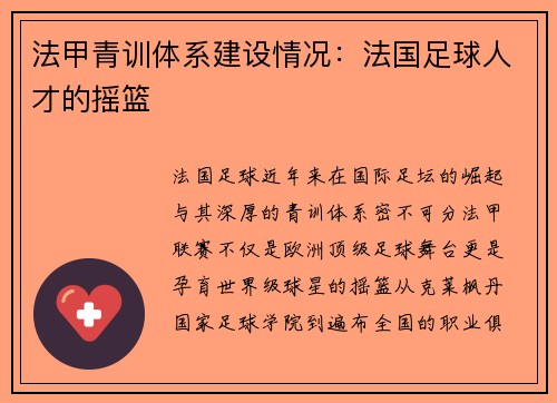 法甲青训体系建设情况：法国足球人才的摇篮